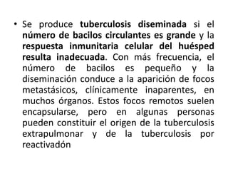 • Se produce tuberculosis diseminada si el
número de bacilos circulantes es grande y la
respuesta inmunitaria celular del huésped
resulta inadecuada. Con más frecuencia, el
número de bacilos es pequeño y la
diseminación conduce a la aparición de focos
metastásicos, clínicamente inaparentes, en
muchos órganos. Estos focos remotos suelen
encapsularse, pero en algunas personas
pueden constituir el origen de la tuberculosis
extrapulmonar y de la tuberculosis por
reactivadón
 