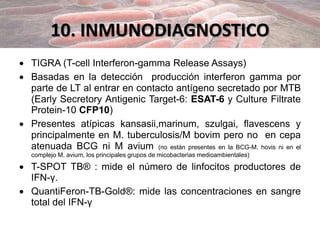 10. INMUNODIAGNOSTICO
 TIGRA (T-cell Interferon-gamma Release Assays)
 Basadas en la detección producción interferon gamma por
parte de LT al entrar en contacto antígeno secretado por MTB
(Early Secretory Antigenic Target-6: ESAT-6 y Culture Filtrate
Protein-10 CFP10)
 Presentes atípicas kansasii,marinum, szulgai, flavescens y
principalmente en M. tuberculosis/M bovim pero no en cepa
atenuada BCG ni M avium (no están presentes en la BCG-M. hovis ni en el
complejo M. avium, los principales grupos de micobacterias medioambientales)
 T-SPOT TB® : mide el número de linfocitos productores de
IFN-γ.
 QuantiFeron-TB-Gold®: mide las concentraciones en sangre
total del IFN-γ
 