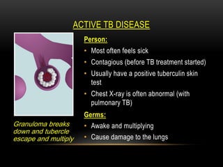 ACTIVE TB DISEASE
Granuloma breaks
down and tubercle
escape and multiply
Person:
• Most often feels sick
• Contagious (before TB treatment started)
• Usually have a positive tuberculin skin
test
• Chest X-ray is often abnormal (with
pulmonary TB)
Germs:
• Awake and multiplying
• Cause damage to the lungs
 