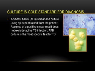 .
CULTURE IS GOLD STANDARD FOR DIAGNOSIS
• Acid-fast bacilli (AFB) smear and culture
using sputum obtained from the patient:
Absence of a positive smear result does
not exclude active TB infection; AFB
culture is the most specific test for TB
 