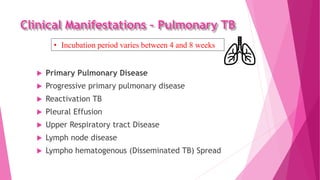 Clinical Manifestations – Pulmonary TB
 Primary Pulmonary Disease
 Progressive primary pulmonary disease
 Reactivation TB
 Pleural Effusion
 Upper Respiratory tract Disease
 Lymph node disease
 Lympho hematogenous (Disseminated TB) Spread
• Incubation period varies between 4 and 8 weeks
 