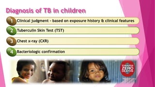 Diagnosis of TB in children
Bacteriologic confirmation
4
Clinical judgment - based on exposure history & clinical features
1
Tuberculin Skin Test (TST)
2
Chest x-ray (CXR)
3
 