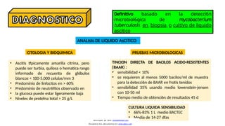 • Ascitis tfpicamente amarilla citrina, pero
puede ser turbia, quilosa o hematica rango
informado de recuento de gl6bulos
blancos < 100-5,000 celulas/mm 3
• Predominio de linfocitos en > 60%
• Predominio de neutr6filos observado en
• la glucosa puede estar ligeramente baja
• Niveles de protefna total > 25 g/L
CULTURA LIQUIDA SENSIBILIDAD
• 66%-83% 1 L medio BACTEC
• Media de 14-27 dfas
TINCION DIRECTA DE BACILOS ACIDO-RESISTENTES
{BAAR) :
• sensibilidad < 10%
• se requieren al menos 5000 bacilos/ml de muestra
para la detecci6n de BAAR en frotis tenidos
• sensibilidad 35% usando medio lowenstein-jensen
con 10-50 ml
• Tiempo medio de obtenci6n de resultados 45 d
Definitivo basado en la detecci6n
microbiol6gica de mycobacterium
tuberculosis en biopsia o cultivo de liquido
ascitico
ANALIsIs DE LIQUIDO AsCITICO
CITOLOGIA Y BIOQUIMICA PRUEBAS MICROBIOLOGICAS
Descargado por Kevin (kavs64@hotmail.com)
Encuentra más documentos en www.udocz.com
 