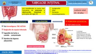 UNIVERSIDAD
NACIONAL
“SAN LUIS GONZAGA”
FACULTAD DE MEDICINA HUMANA
“DANIEL ALCIDES CARRÌON GARCÌA”
TUB[RCULOSIS INT[STINAL
CONDORI OROSCO
,
 Via hemat6gena: TBC ACTIVA
 Degluci6n de esputo infectado
 Ingesti6n de leche o
comida contaminada
 Siembra de 6rganos
adyacentes
era considerada la causa mas
frecuente de estenosis y
obstrucci6n intestinal a
principios del siglo XX
 lnmigraci6n
 SlDA
 farmacos
inmunosupresores.
MECANISMOS DE PATOGENESIS LOCALIZACION
colon ascendente
 PORCION ILEOCECAL
 YEYUNO-ILEAL
cualquier edad:
20 – 40 aflos
La afinidad
de Mycobacterium
tuberculosis por este sitio
puede deberse a la estasis
relativa y la abundancia de
tejido linfoide en esta región.
Abdominal tuberculosis - UpToDate [Internet]. [citado 6 de febrero de 2022]. Disponible en: http://uptodate.yabesh.ir/contents/abdominal-
tuberculosis?search=tuberculosiDs%esc2a0rgaabdodpoomr Kienvainl&(kasvosu64r@ceho=tsmeaail.rccohm_)
result&selectedTitle=1"150&usage_type=default&display_ran =1 1 2
Encuentra más documentos en www.udocz.com
 