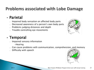 •

Parietal
o
o
o
o

•

Impaired body sensation on affected body parts
Decreased awareness of a person’s own body parts
Problems judging distances and depth
Trouble controlling eye movements

Temporal
o

o

o

Impaired sensory information
-Hearing
Can cause problems with communication, comprehension, and memory
Difficulty with speech

2013

West Virginia TBI Waiver Program direct care staff annual training

21

 