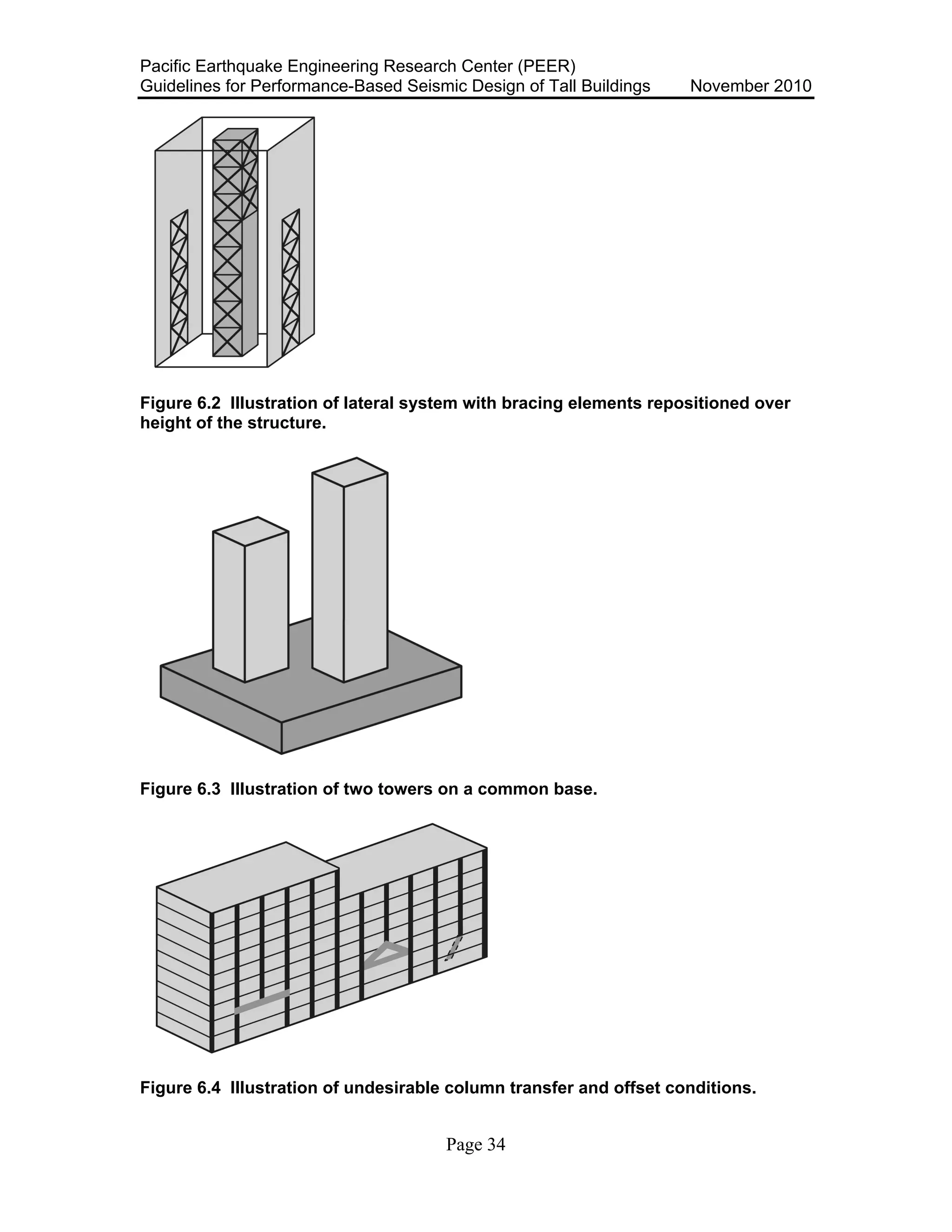 Pacific Earthquake Engineering Research Center (PEER)
Guidelines for Performance-Based Seismic Design of Tall Buildings November 2010
Page 34
Figure 6.2 Illustration of lateral system with bracing elements repositioned over
height of the structure.
Figure 6.3 Illustration of two towers on a common base.
Figure 6.4 Illustration of undesirable column transfer and offset conditions.
 