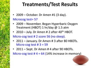 Treatments/Test Results
• 2009 – October. Dr Amen #1 (3 day).
Microcog test= 57
• 2009 – November. Began Hyperbaric Oxygen
  Treatment (HBOT) 1 hr/day @ 1.5 atm
• 2010 – July. Dr Amen # 2 after 40th HBOT.
Micro-cog test # 2 score 56 (no sleep).
• 2011 – January. Dr Amen # 3 after 80 HBOTs.
  Micro-cog test # 3 = 59
• 2011 – Sept. Dr Amen # 4 after 90 HBOTs.
Micro-cog test # 4 = 64 (14% increase in memory)
 