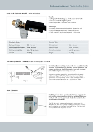 Drahtvorschubsystem  / Wire Feeding System


■ TBi PP2R Push-Pull Antrieb / Push-Pull drive

                                                        Vorteile
                                                        ■ Sehr gute Kraftübertragung durch große Förderrolle
                                                        ■ Einfache Handhabung des Systems
                                                        ■ Schlauchpaket in kurzer Zeit austauschbar


                                                        Advantages
                                                        ■ Excellent power transmission via the large drive roll
                                                        ■ Particularly easy handling of the whole system
                                                        ■ Cable assembly can be exchanged in a short time




   Technische Daten                                     Technical data

   Drahtdurchmesser                0.8 – 1.6 mm         Wire diameter                     0.8 – 1.6 mm
   Vorschubgeschwindigkeit         max. 16 m/min        Feeding speed                     max. 16 m/min

   Elektrischer Anschluss          über TBi Syntronic   Eletrical connection              via TBi Syntronic

   Gewicht                         1.30 kg              Weight                            1.30 kg




■ Schlauchpaket für TBi PP2R / Cable assembly for TBi PP2R

                                                        Für höchste Systemverfügbarkeit wurde eine neue Schnittstelle
                                                        zwischen Schlauchpaket und Push-Pull Antrieb entwickelt. Sie
                                                        erlaubt den Wechsel des Schlauchpaket innerhalb kürzester
                                                        Zeit und benötigt nur sehr wenig Bauraum.

                                                        For highest system availability, a new interface between
                                                        cable assembly and Push-Pull drive has been developed.
                                                        It provides exchangeability of the cable assembly within a
                                                        short time while only taking up a minimum of space.
                            Länge (L)




■ TBi Syntronic

                                                        Die TBi Syntronic ist ein spezialisiertes Versorgungsgerät für
                                                        die TBi Push-Pull Antriebe und sorgt für perfekten Gleichlauf
                                                        von Push-Pull- und Hauptantrieb. Die Syntronic ist mit allen
                                                        Stromquellen kompatibel.

                                                        The TBi Syntronic is a specialized power supply unit for
                                                        the TBi Push-Pull drive systems and guarantees the perfect
                                                        synchronization of main and push-pull drive. The Syntronic
                                                        is compatible with all power sources.




                                                                                                                         23
 