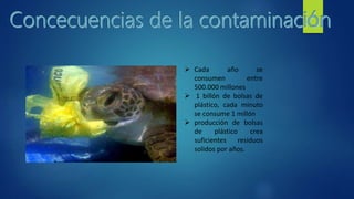  Cada año se
consumen entre
500.000 millones
 1 billón de bolsas de
plástico, cada minuto
se consume 1 millón
 producción de bolsas
de plástico crea
suficientes residuos
solidos por años.
 