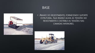 BASE
• ABAIXO DO REVESTIMENTO, FORNECENDO SUPORTE
ESTRUTURAL. SUA RIGIDEZ ALIVIA AS TENSÕES NO
REVESTIMENTO E DISTRIBUI AS TENSÕES NAS
CAMADAS INFERIORES.
 