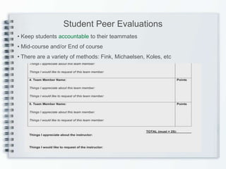Student Peer Evaluations
• Keep students accountable to their teammates
• Mid-course and/or End of course
• There are a variety of methods: Fink, Michaelsen, Koles, etc
 