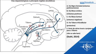 A. Via Nigro-Estriatal (sintomas
parkinsonianos)
B. Via Meso-Límbica
(sintomas positivos)
C. Via Meso-Cortical
(sintomas negativos)
D. Via Túbero-Infundibular
(prolactina)
E. Parte de vários locais e projeta-se
para o Tálamo
(não se sabe bem)
(Stahl, 2014)
 