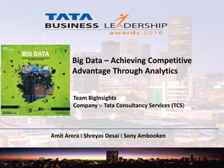 Amit Arora I Shreyas Desai I Sony Ambooken
Big Data – Achieving Competitive
Advantage Through Analytics
Team BigInsights
Company :- Tata Consultancy Services (TCS)
1
 
