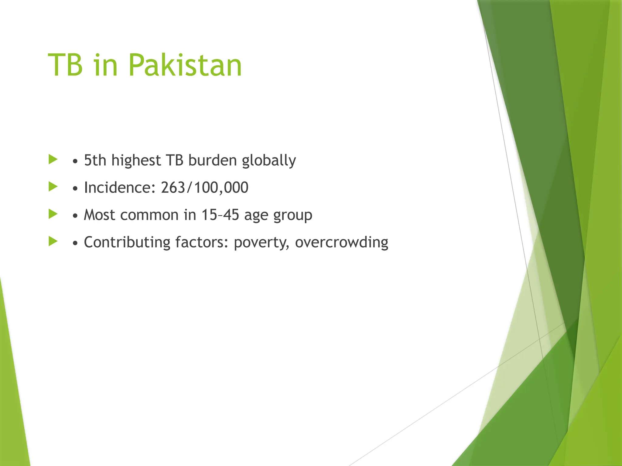 TB in Pakistan
 • 5th highest TB burden globally
 • Incidence: 263/100,000
 • Most common in 15–45 age group
 • Contributing factors: poverty, overcrowding
 