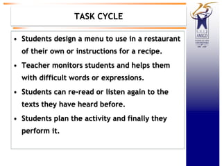 TASK CYCLE
• Students design a menu to use in a restaurant
of their own or instructions for a recipe.
• Teacher monitors students and helps them
with difficult words or expressions.
• Students can re-read or listen again to the
texts they have heard before.
• Students plan the activity and finally they
perform it.
 