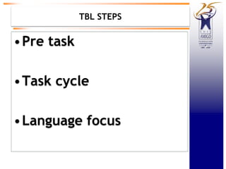TBL STEPS
•Pre task
•Task cycle
•Language focus
 