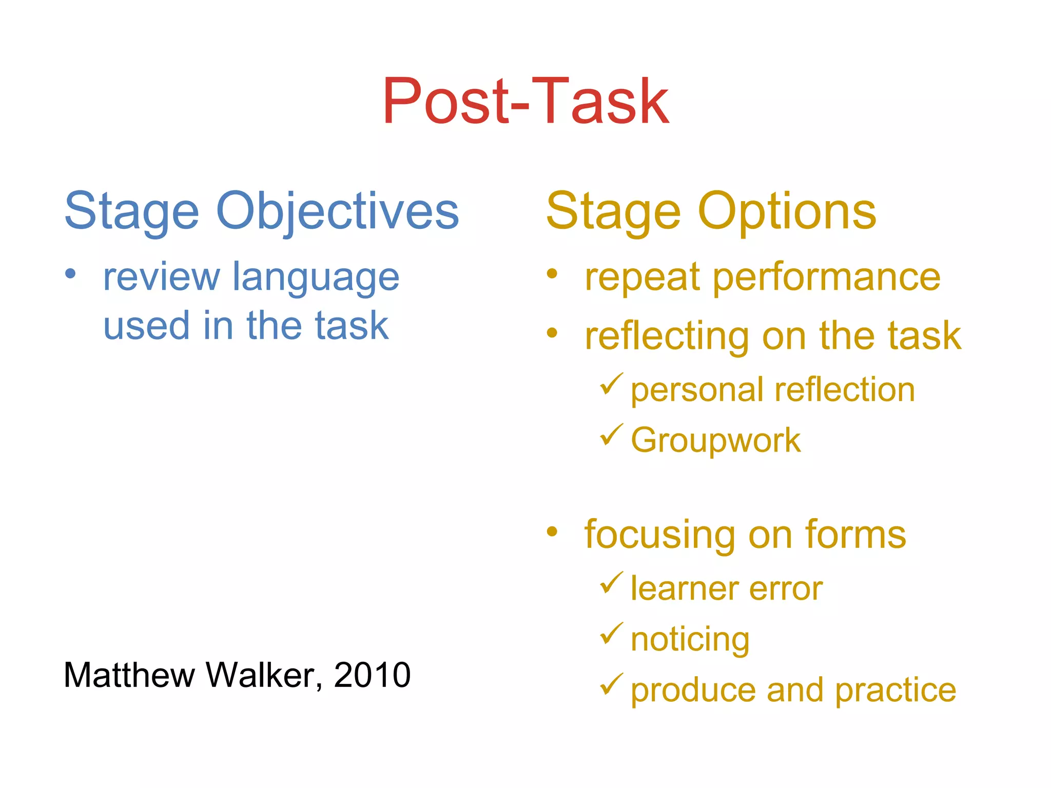 Post-Task Stage Objectives review language  used in the task Matthew Walker, 2010 Stage Options repeat performance reflecting on the task personal reflection Groupwork focusing on forms learner error noticing produce and practice 