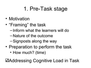 1. Pre-Task stage Motivation “ Framing” the task Inform what the learners will do Nature of the outcome Signposts along the way Preparation to perform the task How much? (time) Addressing Cognitive Load in Task 