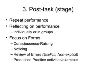 3. Post-task (stage) Repeat performance Reflecting on performance Individually or in groups Focus on Forms Consciousness-Raising Noticing Review of Errors  (Explicit, Non-explicit) Production Practice activities/exercises 