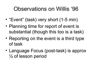 Observations on Willis ‘96 “ Event” (task) very short (1-5 min) Planning time for report of event is substantial (though this too is a task) Reporting on the event is a third type of task Language Focus (post-task) is approx ½ of lesson period 