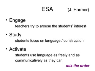 ESA  (J. Harmer) Engage teachers try to arouse the students’ interest Study students focus on language / construction Activate students use language as freely and as communicatively as they can mix the order 