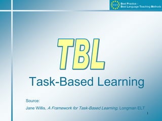 BP-BLTM
                                                      Best Practice -
                                                      Best Language Teaching Methods




 Task-Based Learning
Source:
Jane Willis, A Framework for Task-Based Learning, Longman ELT
                                                                         1
 
