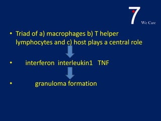7We Care
• Triad of a) macrophages b) T helper
lymphocytes and c) host plays a central role
• interferon interleukin1 TNF
• granuloma formation
 