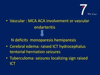 7We Care
• Vascular : MCA ACA involvement or vascular
endarteritis
N deficits monoparesis hemiparesis
• Cerebral edema: raised ICT hydrocephalus
tentorial herniation seizures
• Tuberculoma: seizures localizing sign raised
ICT
 