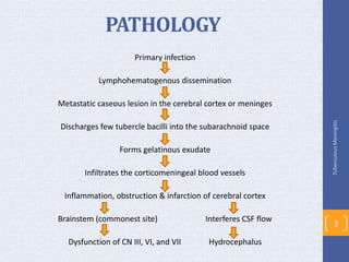 PATHOLOGY
Primary infection
Lymphohematogenous dissemination
Metastatic caseous lesion in the cerebral cortex or meninges
Discharges few tubercle bacilli into the subarachnoid space
Forms gelatinous exudate
Infiltrates the corticomeningeal blood vessels
Inflammation, obstruction & infarction of cerebral cortex
Brainstem (commonest site) Interferes CSF flow
Dysfunction of CN III, VI, and VII Hydrocephalus
TuberculousMeningitis
3
 