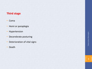 Third stage
• Coma
• Hemi or paraplegia
• Hypertension
• Decerebrate posturing
• Deterioration of vital signs
• Death
TuberculousMeningitis
6
 