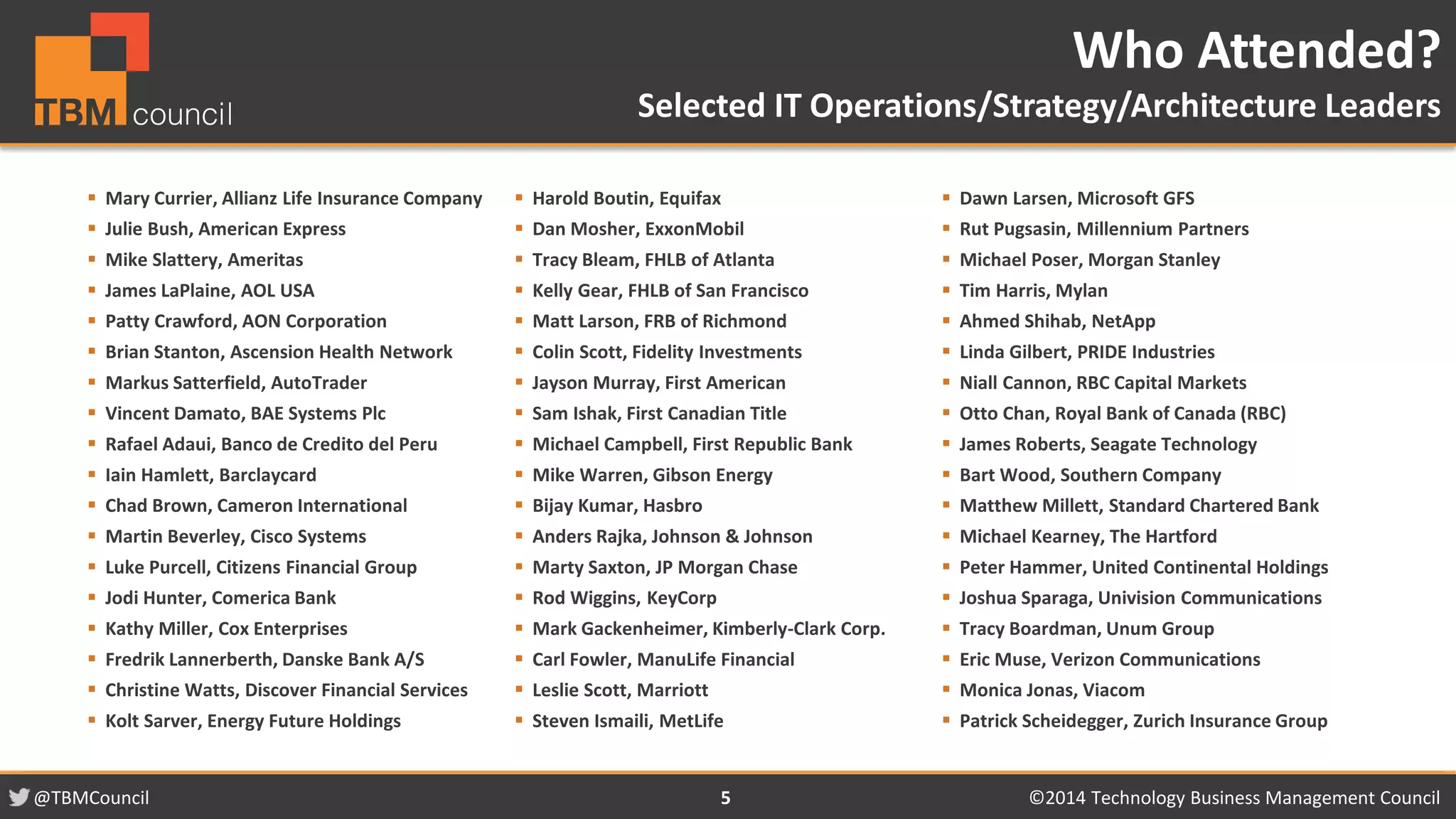 @TBMCouncil ©2014 Technology 5 Business Management Council 
 Mary Currier, Allianz Life Insurance Company 
 Julie Bush, American Express 
 Mike Slattery, Ameritas 
 James LaPlaine, AOL USA 
 Patty Crawford, AON Corporation 
 Brian Stanton, Ascension Health Network 
 Markus Satterfield, AutoTrader 
 Vincent Damato, BAE Systems Plc 
 Rafael Adaui, Banco de Credito del Peru 
 Iain Hamlett, Barclaycard 
 Chad Brown, Cameron International 
 Martin Beverley, Cisco Systems 
 Luke Purcell, Citizens Financial Group 
 Jodi Hunter, Comerica Bank 
 Kathy Miller, Cox Enterprises 
 Fredrik Lannerberth, Danske Bank A/S 
 Christine Watts, Discover Financial Services 
 Kolt Sarver, Energy Future Holdings 
 Harold Boutin, Equifax 
 Dan Mosher, ExxonMobil 
 Tracy Bleam, FHLB of Atlanta 
 Kelly Gear, FHLB of San Francisco 
 Matt Larson, FRB of Richmond 
 Colin Scott, Fidelity Investments 
 Jayson Murray, First American 
 Sam Ishak, First Canadian Title 
 Michael Campbell, First Republic Bank 
 Mike Warren, Gibson Energy 
 Bijay Kumar, Hasbro 
 Anders Rajka, Johnson & Johnson 
 Marty Saxton, JP Morgan Chase 
 Rod Wiggins, KeyCorp 
 Mark Gackenheimer, Kimberly-Clark Corp. 
 Carl Fowler, ManuLife Financial 
 Leslie Scott, Marriott 
 Steven Ismaili, MetLife 
 Dawn Larsen, Microsoft GFS 
 Rut Pugsasin, Millennium Partners 
 Michael Poser, Morgan Stanley 
 Tim Harris, Mylan 
 Ahmed Shihab, NetApp 
 Linda Gilbert, PRIDE Industries 
 Niall Cannon, RBC Capital Markets 
 Otto Chan, Royal Bank of Canada (RBC) 
 James Roberts, Seagate Technology 
 Bart Wood, Southern Company 
 Matthew Millett, Standard Chartered Bank 
 Michael Kearney, The Hartford 
 Peter Hammer, United Continental Holdings 
 Joshua Sparaga, Univision Communications 
 Tracy Boardman, Unum Group 
 Eric Muse, Verizon Communications 
 Monica Jonas, Viacom 
 Patrick Scheidegger, Zurich Insurance Group 
Who Attended? 
Selected IT Operations/Strategy/Architecture Leaders 
 