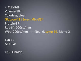CSF-D/RVolume-10mlColorless, clearGlucose-43 ( Serum Rbs-83)Protein-87Rbc-64, 000cu/mmWbc- 200cu/mm ------Neu- 6, Lymp-92, Mono-2ESR-32AFB –veCXR- Fibrosis. 