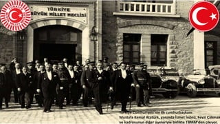 Türkiye Cumhuriyeti'nin ilk cumhurbaşkanı
Mustafa Kemal Atatürk, yanında İsmet İnönü, Fevzi Çakmak
ve kadrosunun diğer üyeleriyle birlikte TBMM'den çıkıyor.
 