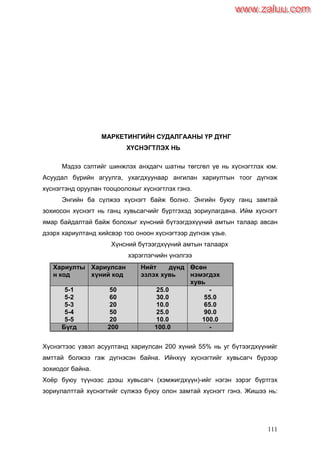 111
МАРКЕТИНГИЙН СУДАЛГААНЫ ҮР ДҮНГ
ХҮСНЭГТЛЭХ НЬ
Мэдээ сэлтийг шинжлэх анхдагч шатны төгсгөл үе нь хүснэгтлэх юм.
Асуудал бүрийн агуулга, ухагдхуунаар ангилан хариултын тоог дүгнэж
хүснэгтэнд оруулан тооцоолохыг хүснэгтлэх гэнэ.
Энгийн ба сүлжээ хүснэгт байж болно. Энгийн буюу ганц замтай
зохиосон хүснэгт нь ганц хувьсагчийг бүртгэхэд зориулагдана. Ийм хүснэгт
ямар байдалтай байж болохыг хүнсний бүтээгдэхүүний амтын талаар авсан
дээрх хариултанд хийсвэр тоо оноон хүснэгтээр дүгнэж үзье.
Хүнсний бүтээгдхүүний амтын талаарх
хэрэглэгчийн үнэлгээ
Хариулты
н код
Хариулсан
хүний код
Нийт дүнд
эзлэх хувь
Өсөн
нэмэгдэх
хувь
5-1
5-2
5-3
5-4
5-5
50
60
20
50
20
25.0
30.0
10.0
25.0
10.0
-
55.0
65.0
90.0
100.0
Бүгд 200 100.0 -
Хүснэгтээс үзвэл асуултанд хариулсан 200 хүний 55% нь уг бүтээгдхүүнийг
амттай болжээ гэж дүгнэсэн байна. Ийнхүү хүснэгтийг хувьсагч бүрээр
зохиодог байна.
Хоѐр буюу түүнээс дээш хувьсагч (хэмжигдхүүн)-ийг нэгэн зэрэг бүртгэх
зориулалттай хүснэгтийг сүлжээ буюу олон замтай хүснэгт гэнэ. Жишээ нь:
www.zaluu.comwww.zaluu.com
 