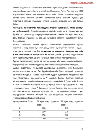 38
болдог. Судалгааны зорилгоос шалтгаалан судалгаанд хамааруулах бүлгийг
өөрчилж болдогоороо бас онцлогтой юм. Жишээ нь, Parker Pen компани 1100
хэрэглэгчийг хамруулан бичгийн хэрэгслийн талаар судалгаа явуулдаг
бөгөөд шинэ төрлийн бичгийн хэрэгслийн шинэ шинжийг судлах үед
судалгаанд хамрах гишүүдийн бүлгийг өөрчлөн судалгаа авч бас болдог
байна.
Нийтэд нь ба хэсэгчлэн хамааруулах суурин судалгааны ялгаа багагүй
ач холбогдолтой. Эхний судалгаа нь хамгийн чухал нэг л хувьсагчийн янз
бүрийн цаг хугацаан дахь хувирал өөрчлөлтийг хэмжиж гаргадаг бол хоѐр
дахь төрлийн судалгаа нь өөр цаг хугацаанд хэмжих хувьсагчийг сольж
болдог байна.
Гэхдээ хэсэгчлэн хувааж судлах судалгаатай харьцуулбал суурин
судалгааны хоѐр төрөл түгээмэл давуу болон дутагдалтай талтай. Суурин
судалгааны гол давуу тал бол үр дүнгээр нь дэлгэрэнгүй шинжилгээ хийх
өргөн бололцоотой байдаг бол хэсэгчлэн хувааж судлахад асуугдагчдыг
нэг л удаа хамруулдаг, үр дүнг нь ганц л удаа хэмжиж гаргадаг байна.
Суурин судалгааны дутагдалтай тал нь төлөөллийн хувьд тааруухан байдаг.
Хариулагчидтай гэрээ байгуулахад татгалзах тохиолдол олонтай гардаг.
Суурин судалгааны үр дүнгээр дэлгэрэнгүй шинжилгээ хийх боломжийг
дараах жишээгээр харъя. Янз бүрийн брэндийн бүтээгдэхүүнийг худалдан
авч байгаа байдлын талаар 1000 өрхийг суурин судалгаанд хамруулсан гэж
үзье. Судалгааны гол зорилго нь А брэндийн баглаа боодлын дизайныг
өөрчилсөний үр ашгийг тооцоолж гаргахад оршиж байв. А брэнд нь Б, В гэсэн
2 том өрсөлдөгч брэндтэй бөгөөд бусад жижиг брэндүүдийг Г –ээр
төлөөлүүлж үзье. Ингээд А брэндийн баглаа боодлыг өөрчилсөнөөс өмнөх
үед борлуулалтыг хэмжсэн хугацааг Т1 , өөрчилсөний дараах үед
борлуулалтыг хэмжсэн хугацааг Т2 гэж тэмдэглээд үр дүнг хүснэгтэнд
тусгавал дараах байдалтай байжээ.
Худалдан авсан брэнд Т1 хугацаанд худалдан
авсан
Т2 хугацаанд худалдан
авсан
А 200 250
Б 300 270
В 350 330
Г 150 150
www.zaluu.comwww.zaluu.com
 