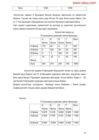 39
Бүгд 1000 1000
Хүснэгтээс харвал А брэндийн баглаа боодлыг өөрчилсөн нь амжилттай
болжээ. Түүний зах зээлд эзлэх хувь 20-оос 25 хувь болж өссөн байна. Гол
нь 2 том өрсөлдөгч брэндийнхээ зах зээлээс булаасан харагдаж байна.
Гэвч суурин судалгааны хэмжилтийн үр дүнгээр уг судалгааг үргэлжлүүлж
үзвэл дараах сонирхолтой дүр зураг харагдана.
Хүснэгтийг харна уу
Т2 хугацаанд худалдан авсан брэндүүд
А
брэнд
Б
брэнд
В
брэнд
Г
брэнд
Бүгд
А брэнд 175 25 0 0 200
Б брэнд 0 225 50 25 300
В брэнд 0 0 280 70 350
Г
брэнд
75 20 0 55 150
Бүгд 250 270 330 150 1000
Хүснэгтээс харвал А брэндийн борлуулалт өссөн нь хэрэг дээрээ
бидний урьд бодсон шиг Б, В брэндийн худалдан авагчдыг урвуулсан хэрэг
биш харин бусад Г брэндийн худалдан авагчдаас татсан байна. Харин ч 25
гэр бүлийг Б брэндийн худалдан авагчдад алдсан байна.
Дээрхи хүснэгтэнд тулгуурлан брэндэд үнэнч байдлын / Brand loyalty/
коэфициентийг тооцож үзвэл дараах байдалтай байна.
Хүснэгт
Т2 хугацаанд худалдан авсан брэндүүд
А
брэнд
Б
брэнд
В
брэнд
Г
брэнд
Бүгд
А брэнд 0.875 0.125 0.000 0.000 1.000
Б брэнд 0.000 0.750 0.167 0.083 1.000
В брэнд 0.000 0.000 0.800 0.200 1.000
www.zaluu.comwww.zaluu.com
 