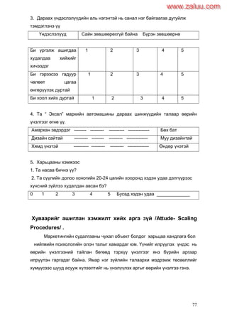 77
3. Дараах үндэслэлүүдийн аль нэгэнтэй нь санал нэг байгаагаа дугуйлж
тэмдэглэнэ үү
Үндэслэлүүд Сайн зөвшөөрөхгүй байна Бүрэн зөвшөөрнө
Би үргэлж ашигдаа
худалдаа хийхийг
хичээдэг
1 2 3 4 5
Би гэрээсээ гадуур
чөлөөт цагаа
өнгөрүүлэх дуртай
1 2 3 4 5
Би хоол хийх дуртай 1 2 3 4 5
4. Та “ Эксел” маркийн автомашины дараах шинжүүдийн талаар өөрийн
үнэлгээг өгнө үү.
Амархан эвдэрдэг -------- --------- ---------- -------------- Бөх бат
Дизайн сайтай --------- -------- --------- -------------- Муу дизайнтай
Хямд үнэтэй ---------- --------- --------- -------------- Өндөр үнэтэй
5. Харьцааны хэмжээс
1. Та насаа бичнэ үү?
2. Та сүүлийн долоо хоногийн 20-24 цагийн хооронд хэдэн удаа дэлгүүрээс
хүнсний зүйлээ худалдан авсан бэ?
0 1 2 3 4 5 Бусад хэдэн удаа _____________
Хуваарийг ашиглан хэмжилт хийх арга зүй /Attude- Scaling
Procedures/ .
Маркетингийн судалгааны чухал объект болдог харьцаа хандлага бол
нийгмийн психологийн олон талыг хамардаг юм. Үүнийг илрүүлэх үндэс нь
өөрийн үнэлгээний тайлан бөгөөд тэрхүү үнэлгээг янз бүрийн аргаар
илрүүлэн гаргадаг байна. Ямар нэг зүйлийн талаархи мэдрэмж төсөөллийг
хүмүүсээс шууд асууж хүлээлтийг нь үнэлүүлэх аргыг өөрийн үнэлгээ гэнэ.
www.zaluu.comwww.zaluu.com
 