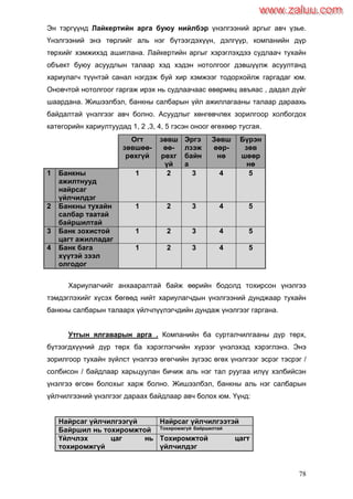 78
Эн тэргүүнд Лайкертийн арга буюу нийлбэр үнэлгээний аргыг авч үзье.
Үнэлгээний энэ төрлийг аль нэг бүтээгдэхүүн, дэлгүүр, компанийн дүр
төрхийг хэмжихэд ашиглана. Лайкертийн аргыг хэрэглэхдээ судлаач тухайн
объект буюу асуудлын талаар хэд хэдэн нотолгоог дэвшүүлж асуултанд
хариулагч түүнтэй санал нэгдэж буй хир хэмжээг тодорхойлж гаргадаг юм.
Оновчтой нотолгоог гаргаж ирэх нь судлаачаас өвөрмөц авъяас , дадал дүйг
шаардана. Жишээлбэл, банкны салбарын үйл ажиллагааны талаар дараахь
байдалтай үнэлгээг авч болно. Асуудлыг хөнгөвчлөх зорилгоор холбогдох
категорийн хариултуудад 1, 2 ,3, 4, 5 гэсэн оноог өгөхөөр тусгая.
Огт
зөвшөө-
рөхгүй
зөвш
өө-
рөхг
үй
Эргэ
лзэж
байн
а
Зөвш
өөр-
нө
Бүрэн
зөв
шөөр
нө
1 Банкны
ажилтнууд
найрсаг
үйлчилдэг
1 2 3 4 5
2 Банкны тухайн
салбар таатай
байршилтай
1 2 3 4 5
3 Банк зохистой
цагт ажилладаг
1 2 3 4 5
4 Банк бага
хүүтэй зээл
олгодог
1 2 3 4 5
Хариулагчийг анхааралтай байж өөрийн бодолд тохирсон үнэлгээ
тэмдэглэхийг хүсэх бөгөөд нийт хариулагчдын үнэлгээний дунджаар тухайн
банкны салбарын талаарх үйлчлүүлэгчдийн дундаж үнэлгээг гаргана.
Утгын ялгаварын арга . Компанийн ба сурталчилгааны дүр төрх,
бүтээгдхүүний дүр төрх ба хэрэглэгчийн хүрээг үнэлэхэд хэрэглэнэ. Энэ
зорилгоор тухайн зүйлст үнэлгээ өгөгчийн зүгээс өгөх үнэлгээг эсрэг тэсрэг /
солбисон / байдлаар харьцуулан бичиж аль нэг тал руугаа илүү хэлбийсэн
үнэлгээ өгсөн болохыг харж болно. Жишээлбэл, банкны аль нэг салбарын
үйлчилгээний үнэлгээг дараах байдлаар авч болох юм. Үүнд:
Найрсаг үйлчилгээгүй Найрсаг үйлчилгээтэй
Байршил нь тохиромжтой Тохиромжгүй байршилтай
Үйлчлэх цаг нь
тохиромжгүй
Тохиромжтой цагт
үйлчилдэг
www.zaluu.comwww.zaluu.com
 