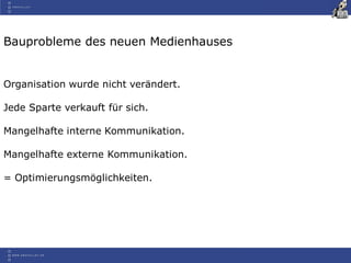 Bauprobleme des neuen Medienhauses
Organisation wurde nicht verändert.
Jede Sparte verkauft für sich.
Mangelhafte interne Kommunikation.
Mangelhafte externe Kommunikation.
= Optimierungsmöglichkeiten.
 