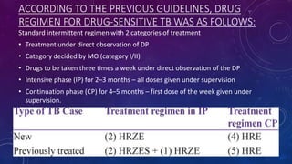 ACCORDING TO THE PREVIOUS GUIDELINES, DRUG
REGIMEN FOR DRUG-SENSITIVE TB WAS AS FOLLOWS:
Standard intermittent regimen with 2 categories of treatment
• Treatment under direct observation of DP
• Category decided by MO (category I/II)
• Drugs to be taken three times a week under direct observation of the DP
• Intensive phase (IP) for 2–3 months – all doses given under supervision
• Continuation phase (CP) for 4–5 months – first dose of the week given under
supervision.
 