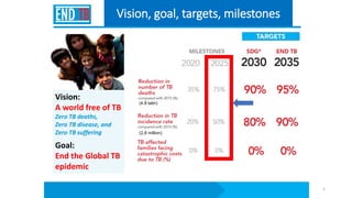 Vision:
A world free of TB
Zero TB deaths,
Zero TB disease, and
Zero TB suffering
Goal:
End the Global TB
epidemic
Vision,...