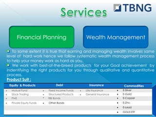 Financial Planning                           Wealth Management

   To some extent it is true that earning and managing wealth involves same
level of hard work hence we follow systematic wealth management process
to help your money work as hard as you.
   We work with best-of-the-breed products for your Goal achievement by
indentifying the right products for you through qualitative and quantitative
process.
Product Suit :
 Equity & Products                Debt               Insurance          Commodities
  Mutual Fund                Fixed Income Funds    Life Insurance      E-Silver
  Stock Trading              Structured Products   General Insurance   E-Gold
  PMS                    *   RBI Bonds                                 E-Copper
  Private Equity Funds       Other Bonds                               E-Zinc
                                                                       E-Lead
                                                                       GOLD ETF
 