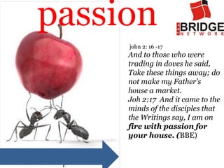 passion
     john 2: 16 -17
     And to those who were
     trading in doves he said,
     Take these things away; do
     not make my Father's
     house a market.
     Joh 2:17 And it came to the
     minds of the disciples that
     the Writings say, I am on
     fire with passion for
     your house. (BBE)
 