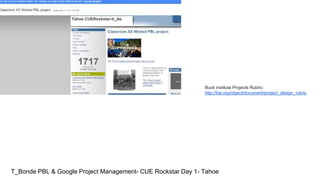 Buck institute Projects Rubric:
http://bie.org/object/document/project_design_rubric
T_Bonde PBL & Google Project Management- CUE Rockstar Day 1- Tahoe
 