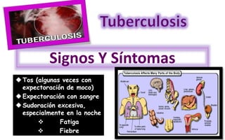 Signos Y Síntomas
Tos (algunas veces con
expectoración de moco)
Expectoración con sangre
Sudoración excesiva,
especialmente en la noche
 Fatiga
 Fiebre
 