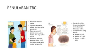 PENULARAN TBC
o Penularan melalui
udara.
o Sumber penularan
adalah percikan dahak
penderita.
o Dipengaruhi oleh
jumlah kuman, lama
kontak dan daya tahan
tubuh.
o Penderita HIV/AIDS,
Kencing manis, Usila,
Gizi Buruk, Anak lebih
rentan terkena TBC
o Kuman bertahan
dirungn gelap dan
lembab sampai
beberapa bulan.
o Jumlah kuman yang
keluar :
 Bicara : 0-210
 Batuk : 0-3.500
 Bersin : 4.500-1
juta
 