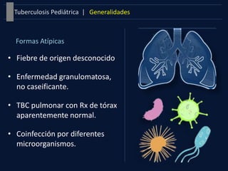 GeneralidadesTuberculosis Pediátrica |
• Fiebre de origen desconocido
• Enfermedad granulomatosa,
no caseificante.
• TBC pulmonar con Rx de tórax
aparentemente normal.
• Coinfección por diferentes
microorganismos.
Formas Atípicas
 