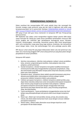 13




Attachment 1

                      PERMENDIKNAS NOMOR 41
Dalam membuat dan mempersiapkan RPP untuk sekolah dasar dan menengah kita
haruslah mengacu pada peraturan yang ada dan telah di legitimasi oleh pihak yang
berwewenang dalam hal ini pemerintah. Berdasar PERMENDIKNAS NOMOR 41 TAHUN
2007 Tentang STANDAR PROSES UNTUK SATUAN PENDIDIKAN DASAR DAN MENENGAH,
RPP yang di buat oleh guru harus memenuhi 11 komponen RPP dan Prinsip-prinsip
penyusunannya.
RPP dijabarkan dari silabus untuk mengarahkan kegiatan belajar peserta didik dalam
upaya mencapai KD. Setiap guru pada satuan pendidikan berkewajiban menyusun RPP
secara lengkap dan sistematis agar pembelajaran berlangsung secara interaktif,
inspiratif, menyenangkan, menantang, memotivasi peserta didik untuk berpartisipasi
aktif, serta memberikan ruang yang cukup bagi prakarsa, kreativitas, dan kemandirian
sesuai dengan bakat, minat, dan perkembangan fisik serta psikologis peserta didik.

RPP disusun untuk setiap KD yang dapat dilaksanakan dalam satu kali pertemuan atau
lebih. Guru merancang penggalan RPP untuk setiap pertemuan yang disesuaikan dengan
penjadwalan di satuan pendidikan.

Komponen RPP adalah :

   1. Identitas mata pelajaran ; Identitas mata pelajaran, meliputi: satuan pendidikan,
      kelas, semester, program/program keahlian, mata pelajaran atau tema
      pelajaran, jumlah pertemuan.
   2. Standar kompetensi ; Standar kompetensi merupakan kualifikasi kemampuan
      minimal peserta didik yang menggambarkan penguasaan pengetahuan, sikap,
      dan keterampilan yang diharapkan dicapai pada setiap kelas dan/atau semester
      pada suatu mata pelajaran.
   3. Kompetensi dasar ; Kompetensi dasar adalah sejumlah kemampuan yang harus
      dikuasai pesertadidik dalam mata pelajaran tertentu sebagai rujukan
      penyusunan indikator kompetensi dalam suatu pelajaran.
   4. Indikator pencapaian kompetensi ; Indikator kompetensi adalah perilaku yang
      dapat diukur dan/atau diobservasi untuk menunjukkan ketercapaian kompetensi
      dasar tertentu yang menjadi acuan penilaian mata pelajaran. Indikator
      pencapaian kompetensi dirumuskan dengan menggunakan kata kerja
      operasional yang dapat diamati dan diukur, yang mencakup pengetahuan,
      sikap, dan keterampilan.
   5. Tujuan pembelajaran ; Tujuan pembelajaran menggambarkan proses dan hasil
      belajar yang diharapkandicapai oleh peserta didik sesuai dengan kompetensi
      dasar.
   6. Materi ajar ; Materi ajar memuat fakta, konsep, prinsip, dan prosedur yang
      relevan, dan ditulis dalam bentuk butir-butir sesuai dengan rumusan indikator
      pencapaian kompetensi.
   7. Alokasi waktu ; Alokasi waktu ditentukan sesuai dengan keperluan untuk
      pencapaian KD dan beban belajar.
 