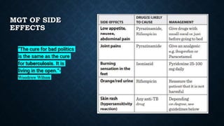 MGT OF SIDE
EFFECTS
“The cure for bad politics
is the same as the cure
for tuberculosis. It is
living in the open.”-
Woodrow Wilson
 