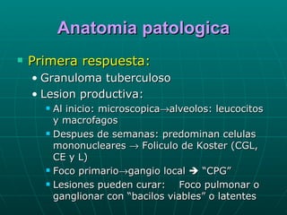 Anatomia patologica Primera respuesta:   Granuloma tuberculoso  Lesion productiva: Al inicio: microscopica  alveolos: leucocitos y macrofagos Despues de semanas: predominan celulas mononucleares    Foliculo de Koster (CGL, CE y L) Foco primario  gangio local    “CPG” Lesiones pueden curar:  Foco pulmonar o ganglionar con “bacilos viables” o latentes 